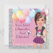 Custom Sweet 16 Karikatur mit Balloons und Glam Einladung (Vorderseite)