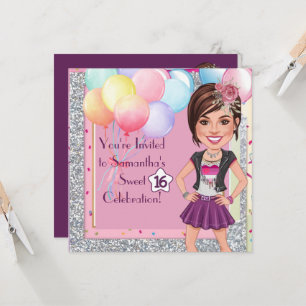 Custom Sweet 16 Karikatur mit Balloons und Glam Einladung