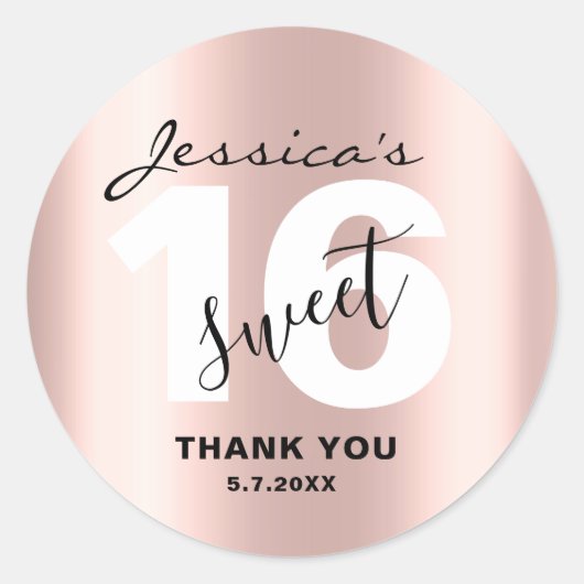 Custom Sweet 16 Sleek Rose Gold Danke Chic Runder Aufkleber (Vorderseite)