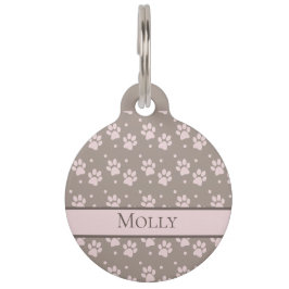 Custom Taupe & Pink Paw Print Personalizable Haustiermarke