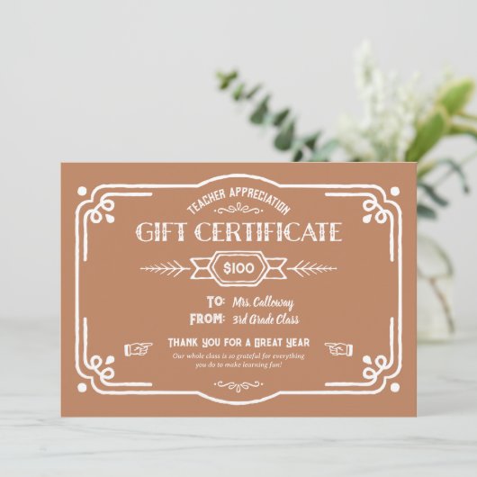 Custom Teacher Appreciation Gift Certificate Card Karte (Stehend Vorderseite)