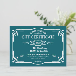 Custom Teacher Appreciation Gift Certificate Karte