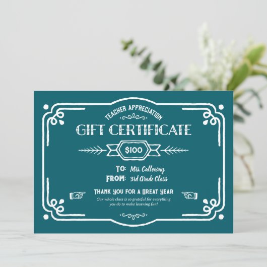 Custom Teacher Appreciation Gift Certificate Karte (Stehend Vorderseite)