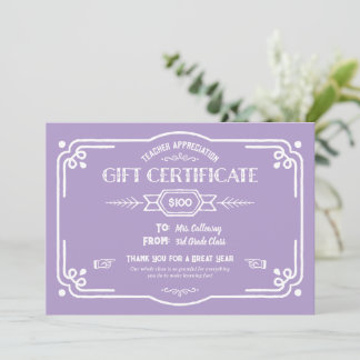 Custom Teacher Appreciation Gift Certificate Karte