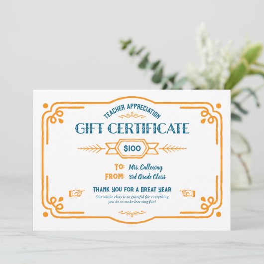 Custom Teacher Appreciation Gift Certificate Karte (Stehend Vorderseite)