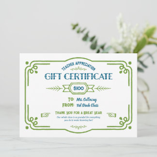 Custom Teacher Appreciation Gift Certificate Karte