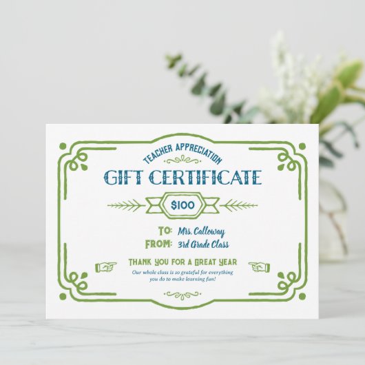 Custom Teacher Appreciation Gift Certificate Karte (Stehend Vorderseite)