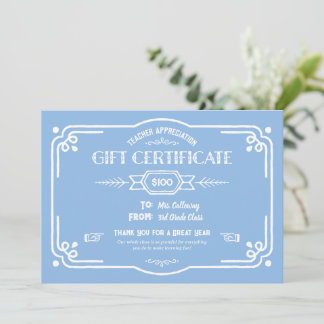 Custom Teacher Appreciation Gift Certificate Karte