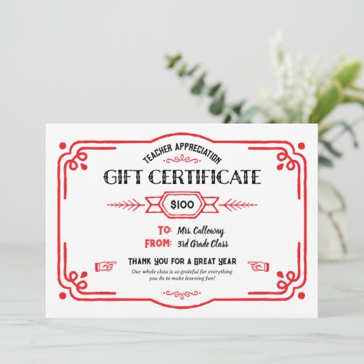 Custom Teacher Appreciation Gift Certificate Karte (Stehend Vorderseite)