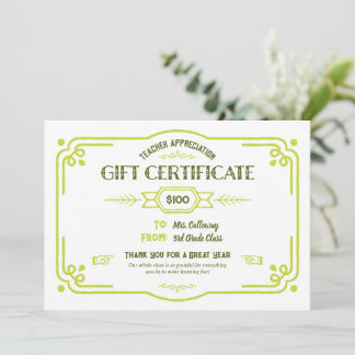 Custom Teacher Appreciation Gift Certificate Karte