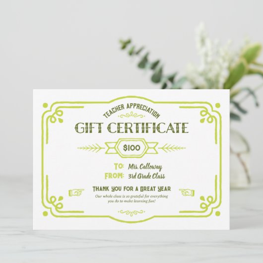 Custom Teacher Appreciation Gift Certificate Karte (Stehend Vorderseite)