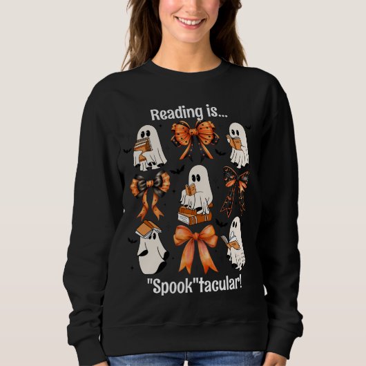 Custom Teacher Ghost und Bow Halloween Reading Sweatshirt (Vorderseite)