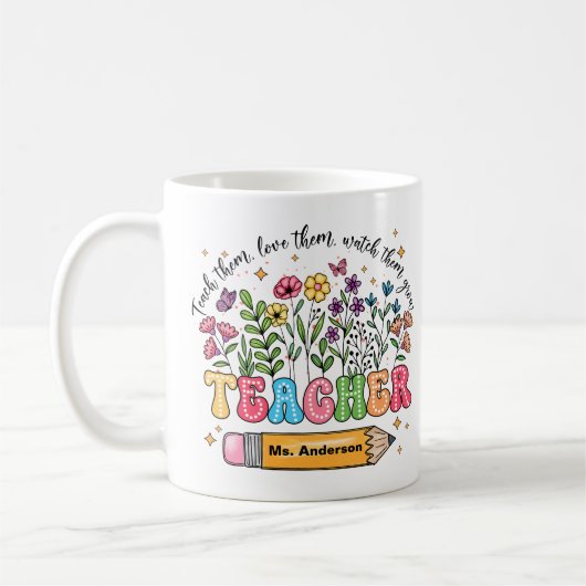 Custom Teacher Name Floral Mug "Teach Love Grow" Kaffeetasse (Links)