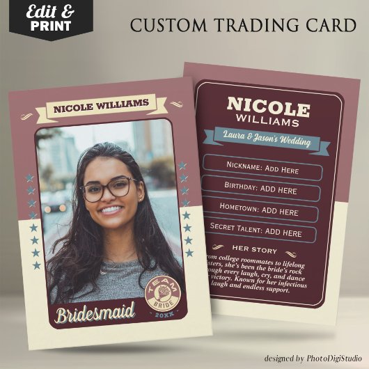 Custom Team Bride Trading Card, Bridesmaier Gesche Telefonnummerkarte