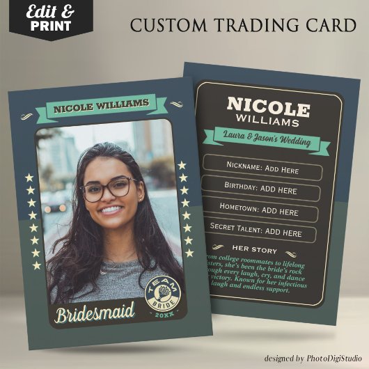 Custom Team Bride Trading Card, Bridesmaier Gesche Telefonnummerkarte