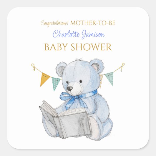 Custom Teddy Bar lesen ein Buch Glückwunsch Quadratischer Aufkleber (Vorderseite)