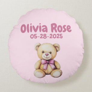 Custom Teddy Bear Baby Girl Name & DOB Rundes Kissen