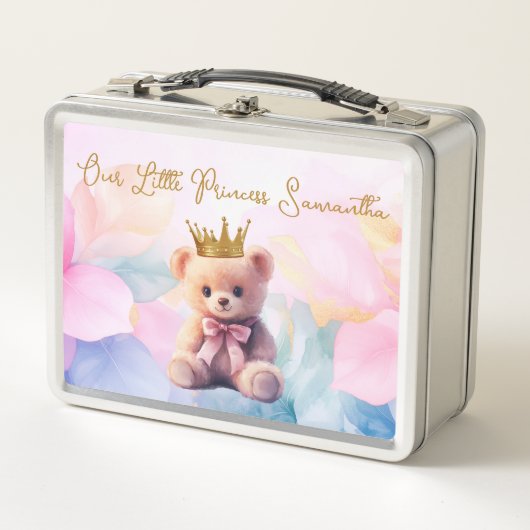 Custom Teddy Bear Pink Ribbon Gold Crown Metall Brotdose (Vorderseite)