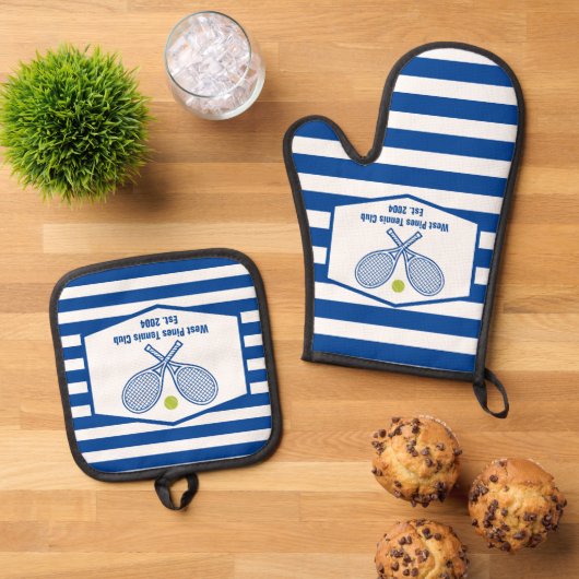 Custom Tennis Country Club Blaue Streifen Ofenhandschuh & Topflappen-Set (Oben Unten)