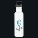 Custom Tennis Personalisiert Water Flasche White B Edelstahlflasche<br><div class="desc">White Metal Travel Water Flasche mit einem aquamarinen,  blauen und weißen Tennis Racket Monogram Design Personalisiert mit Ihrem Initial und Namen in einem eleganten Skript-Schriftart. Ändern Sie die Schriftartes und Farben,  um Ihren eigenen Tennisspieler Wasserflasche,  indem Sie "weiter anpassen" unter dem Personalisierungsbereich.</div>