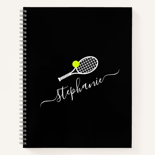 Custom Tennis Racket Monogram Name Black Notebook Notizblock (Vorderseite)