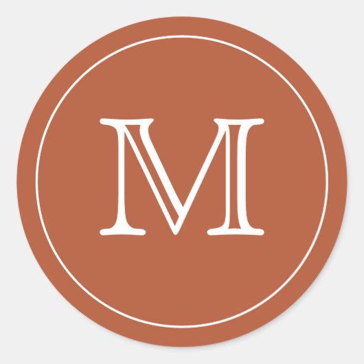 Custom TERRACOTTA White Monogram Letter Runder Aufkleber (Vorderseite)