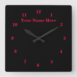 Custom Text and Colors Wall Clock - Black Red Quadratische Wanduhr