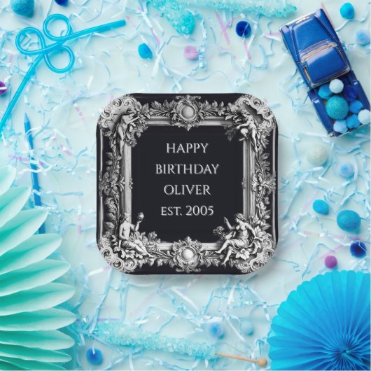 custom text baroque frame stylish white on black  pappteller (Party)
