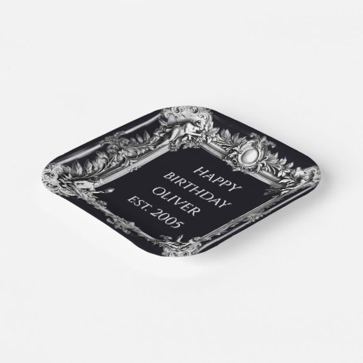 custom text baroque frame stylish white on black  pappteller (Gewinkelt)