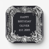 custom text baroque frame stylish white on black  pappteller (Vorderseite)