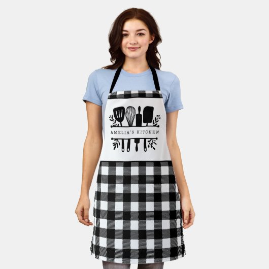 Custom Text Black and White Buffalo Karierte Küche Schürze (Getragen)