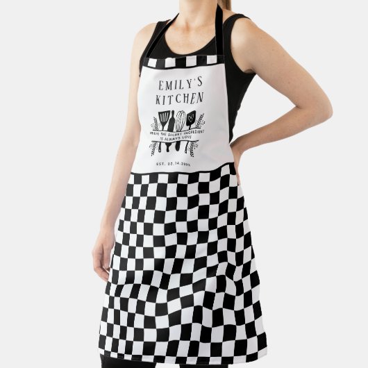 Custom Text, Black and White Checker Plaid Kitchen Schürze (InSitu)