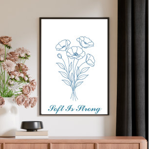 Custom Text Blue Poppy Botanical Line Art Poster