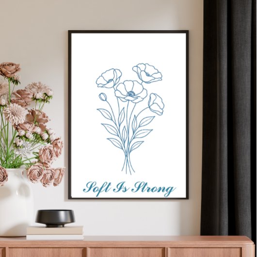 Custom Text Blue Poppy Botanical Line Art Poster