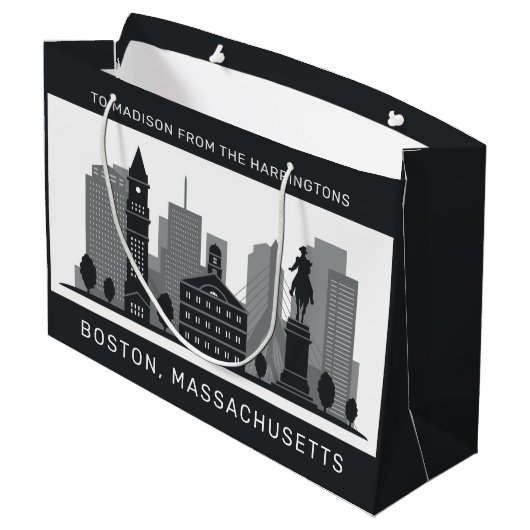 Custom Text Boston Massachusetts Große Geschenktüte (Rückseite Schrägansicht)