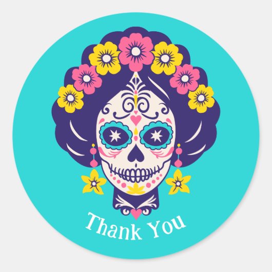 Custom Text Bright Floral Sugar Skull Girl Runder Aufkleber (Vorderseite)
