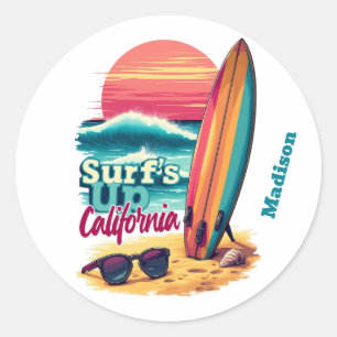 Custom Text California Surfing Runder Aufkleber