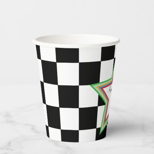 Custom Text, Checkered Happy Retirement Paper Cups Pappbecher (Vorderseite)