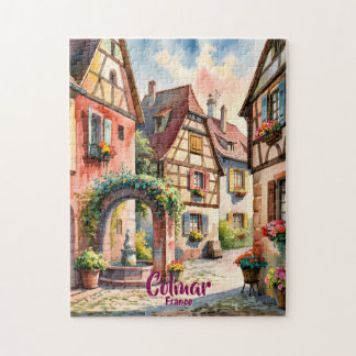 Custom Text Colmar Alsace France Watercolor Retro Puzzle