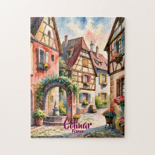Custom Text Colmar Alsace France Watercolor Retro Puzzle (Vertikal)