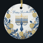 Custom text Festival of Lights Harmony Keramik Ornament<br><div class="desc">Dieses exquisite Hanukkah Keramik Umkreis-Ornament, genannt "Festival of Lights Harmony", ist eine perfekte Ergänzung zu Ihrem Urlaub Dekor. Es ist ein wunderschön gestalteter Stern von David in einem Buntglasstil mit den Farbtönen Blau, Gold und Braun und schafft einen eleganten Mosaikeffekt. In der Mitte schrieben kühne weiße Buchstaben "Happy Hanukkah!" aus....</div>
