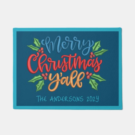 Custom Text Frohe Weihnachten Y'ALL BLAUE RED GREE Fußmatte (Vorderseite)