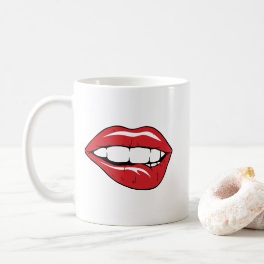 Custom Text Funny Red Lips Cartoon Mouth Kaffeetasse (Mit Donut)