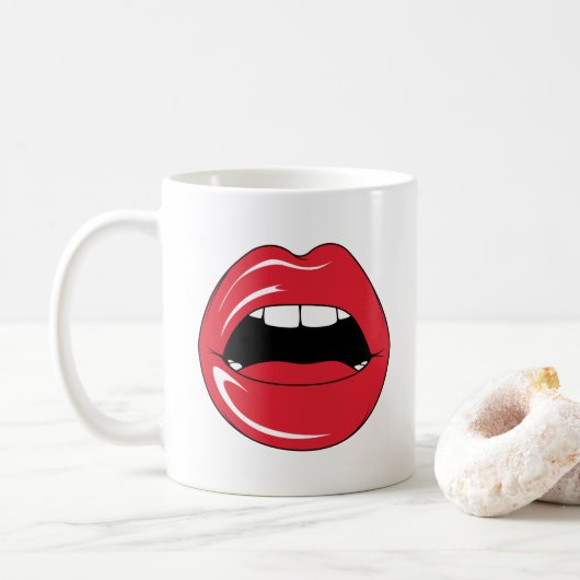 Custom Text Funny Red Lips Cartoon Mouth Kaffeetasse (Mit Donut)