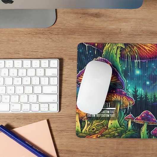 Custom Text Glowing Psychedelic Mushroom Enchanted Mousepad