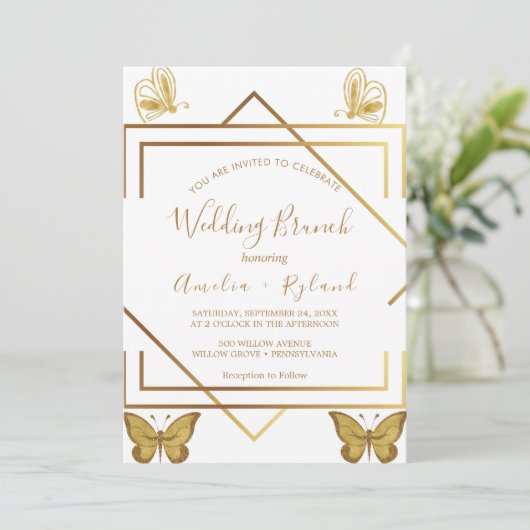 Custom Text Gold Butterfly Hochzeitsbrot Einladung (Stehend Vorderseite)