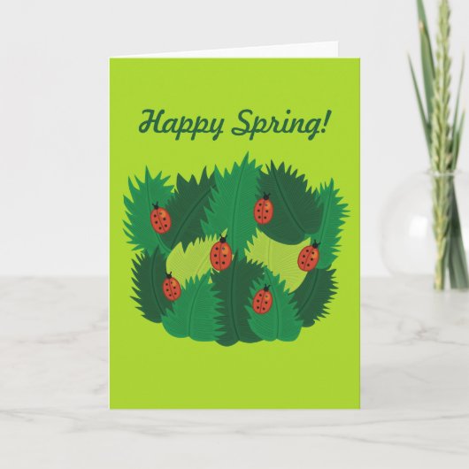 Custom Text Green Blätter und Ladybugs Happy Sprin Karte (Vorderseite)