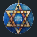 Custom text Happy Hanukkah ✡️, Star von David Keramik Ornament<br><div class="desc">Dieses reizvolle Hanukkah Keramik Umkreis-Ornament, genannt "Festival of Lights Harmony", ist eine perfekte Ergänzung zu Ihrem Urlaub Dekoration. Es ist ein wunderschön gestalteter Stern von David in einem Buntglasstil mit den Farbtönen Blau, Gold und Braun und schafft einen eleganten Mosaikeffekt. In der Mitte schrieben kühne weiße Briefe "CHAG URIM SAMEACH!",...</div>