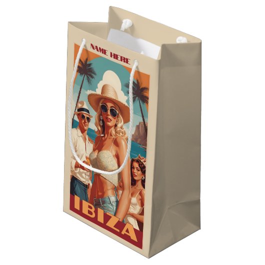 Custom Text Ibiza, Spanien Reiseplakat Kleine Geschenktüte (Rückseite Schrägansicht)