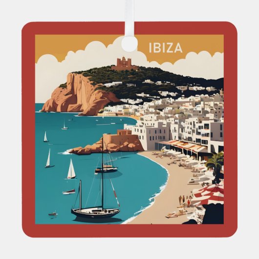 Custom Text Ibiza, Spanien Reiseplakat Ornament Aus Metall (Vorderseite)